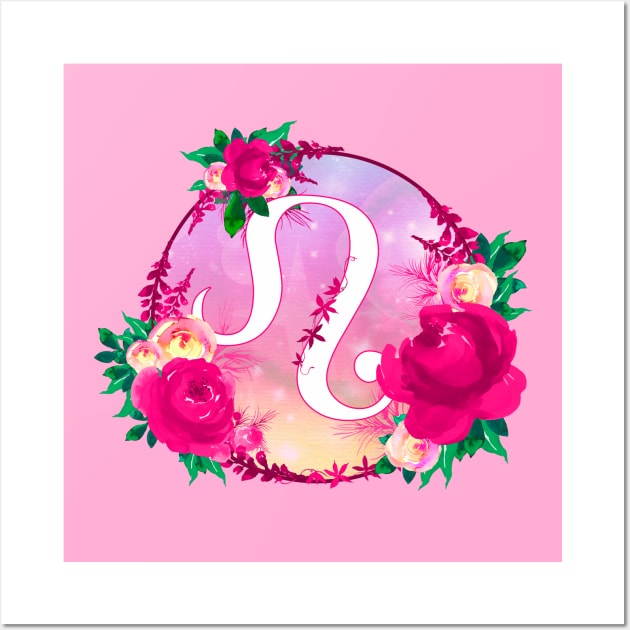 Leo Zodiac Horoscope Pink Floral Monogram Wall Art by bumblefuzzies